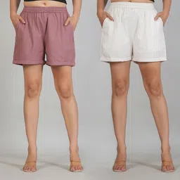 Pack of 2 Solid Women Pink, White Casual Shorts-image-10