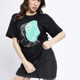Women Printed Round Neck Pure Cotton Black T-Shirt-image-23