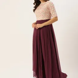 Ethnovog Burgundy Off White Embroidered Accordian Pleats Made To Measure Gown Dress image 5