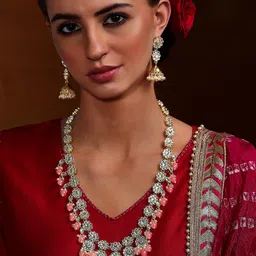 Rubans Gold-Plated Pink & White AD-Studded & Beaded Jewellery Set-picture-23