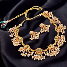 LUCKY JEWELLERY Gold-Plated Stones-Studded & Beaded Jewellery Set image 1