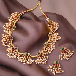LUCKY JEWELLERY Gold-Plated Stones-Studded & Beaded Jewellery Set image 5