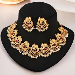 LUCKY JEWELLERY Gold-Plated Stones-Studded & Beaded Jewellery Set image 2