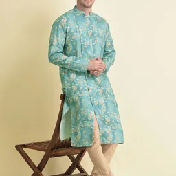 TABARD Men Floral Printed Angrakha Pure Cotton Kurta with Pyjama Set image 2