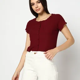yousta Women Ribbed Regular Fit Button-Front Top image 1