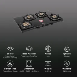 Sunflame Solitaire Tempered Glass Top 4 Burner Manual Gas Stove (Cast Iron Pan Support, Black) image 3