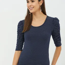 harpa basics Women Striped Round Neck Pure Cotton Blue T-Shirt-picture-25