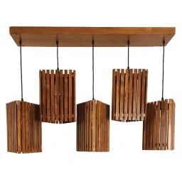 symplify Trikona 5 Lights Brown Solid Wood Linear Chandelier Cluster Hanging Light image 5