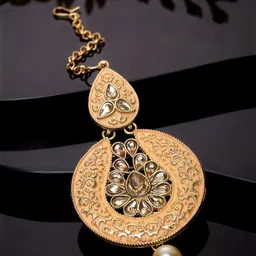 ANIKAS CREATION Gold-Plated Peach-Coloured Stone-Studded & Beaded Maang Tikka-picture-21