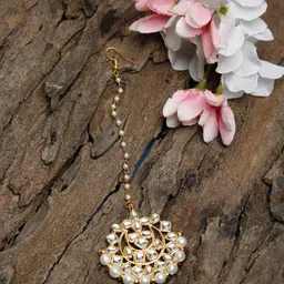Ruby Raang Gold-Plated White Faux Kundan-Studded & Faux Pearl Beaded Handcrafted Maang Tika-picture-38