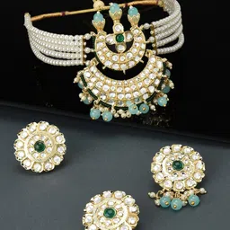 Zaveri Pearls Gold-Plated White & Blue Kundan Studded & Beaded Jewellery Set-picture-38