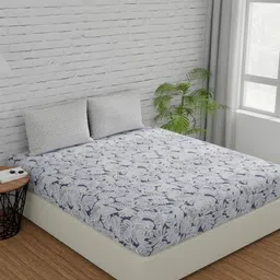 Huesland Grey & Blue 3 Pieces Floral Cotton 144 TC Queen Bedsheet with 2 Pillow Covers-picture-12