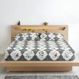 Aurave Grey Floral Printed Microfiber 210 TC Fitted King Bedsheet with 2 Pillow Covers-picture-16