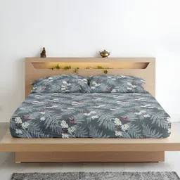 Aurave Grey & White Floral Microfiber 210 TC Fitted King Bedsheet With 2 Pillow Covers-image-19