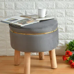 Shadowkart Grey & Beige Wooden Pouffes Sitting Mudda Ottomans image 1