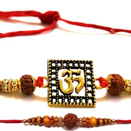 velour shoppe Religious Designer OM Rakhi, 1 Dhaga with 2 Jars Popcorn Chocolate & Caramel Gold Finish Chawal Roli Pack, Rakhi Set image 2