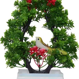 Artificial Flower With Bird for Home, Room, Bedroom, House, Office & Weddings Green, Red Wild Flower Artificial Flowerwith Pot-image-93