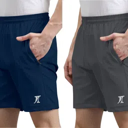 indiclub Pack of 2 Solid Men Dark Blue, Dark Grey Regular Shorts, Sports Shorts, Beach Shorts image 1