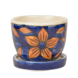 StyleMyWay Blue & Brown Hand Painted Ceramic Planter With Tray image 3
