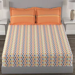 MYTRIDENT Orange  White Geometric Cotton 144 TC Queen Bedsheet With 2 Pillow Covers image 2