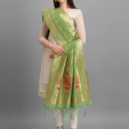 hyphoria Jacquard Woven, Embellished Light Green, Red Women Dupatta-picture-15