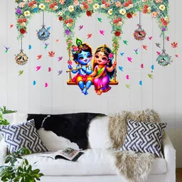 enemystickers 100 cm Radha Krishna Swing Design with Floral & Bird Decoration 100 x 61 cm Self Adhesive Sticker image 3