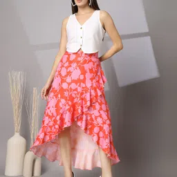 wordope Women Floral Print Asymetric Red, Pink Skirt image 5