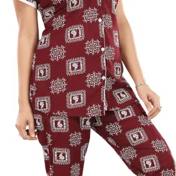 shopping world Women Shirt & Pyjama set Maroon Printed image 3