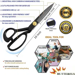 butterfly 12 Inch Premium Tailoring Scissor for Cloth Cutting with Black Rubber Handle - Professional Fabric Machine Sewing Anti-Rust Stainless Steel Heavy Duty Tailor scissor Scissors image 2