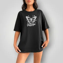 hivewear Women Printed Round Neck Cotton Blend Black T-Shirt-picture-28