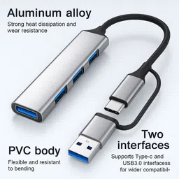 Inner USB/Type-C 3.0 4 Port Multi USB Hub, Slim High Speed 4-Port Data Transmission Hub | High-Speed Chips & Durable Aluminum Build" USB Hub image 2