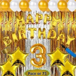 Solid Boy girl & kids Third/3rd happy birthday combo/kit material for party decorations (Set of 73) Happy birthday combo pack gives a complete beautiful touch to your party decorations.Pack includes (Happy birthday foil balloon letters, Shimmer foil curtain, Metalic balloons, Plastic ribbon for decoration, balloon pump, Star shape foil balloons, 1 number foil balloon). Balloon (Gold, Silver, Pack of 73)-image-8