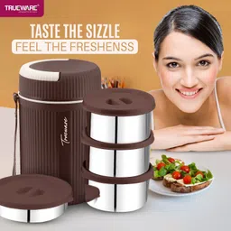 trueware GRUB 4 Insulated Hot Lunch Box With 3 SS Container 300ML & 1 SS Container 200ML 4 Containers Lunch Box image 2