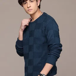 roadster Men Self Design Round Neck Blue Sweater image 3