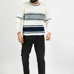 life and style Men Striped Round Neck Grey, White Sweater image 4