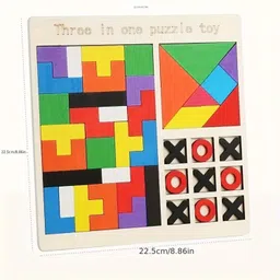limboli 3 in 1 Wooden Puzzle Toy for Kids | Tetris Blocks, Tangram Shapes & Tic-Tac-Toe image 5