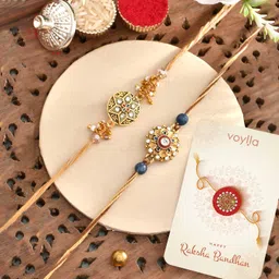 Thread Gemstones And Beads Embellished Men's Thread Rakhis Mauli Thread Chawal Roli Pack Set-image-16