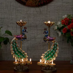 craft tree Metal Handpainted Decorative Peacock Tea Light Set of 2 Showpiece in Multicolor image 2