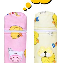 the little lookers Soft Plush Stretchable Baby Feeding Bottle Cover with Easy to Hold Strap and Zip | Suitable for 120ml & 150ml Feeding Bottles| Overall Print Pack of 2 (Pink & Yellow, Zip Closure 120ml,150ml/4OZ,5OZ)-picture-16