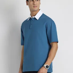 nobero Men Solid Polo Neck Cotton Blend Blue T-Shirt image 2