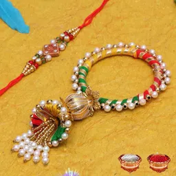 niozaki Bhaiya Bhabhi CHUDA-OM Gold Finish, Kundan, Pearl, Mauli Thread Rakhi, Lumba, Bracelet, Chawal Roli PackSet image 2