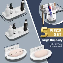 gloxy 5 in 1 Acrylic Bathroom Wall Shelf Combo Set|Soap Dish, Shelf & Toothbrush Stand Acrylic Toilet Paper Holder image 3