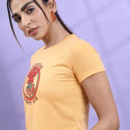 tokyo talkies Women Printed Round Neck Cotton Blend Yellow T-Shirt image 4