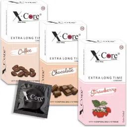 x-core dotted condom 30 pcs flavored condoms, with 40 pcs. DISPOSAL POUCHES & 40 pcs. TISSUE PAPERS, Free of chemicals like paraben, Flavors-(chocolate, coffee, blueberry & Strawberry), 4×10's box= 40 PCS. Condom image 1