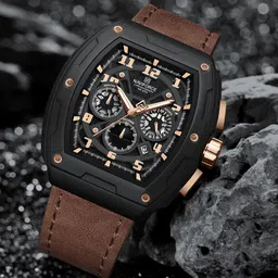 Dynamic view Black&Rosegold multifunctional dial with Brown genuine leather belt Analog Watch - For Men NF8053 Barrel's shaped case with hollowed dials-image-55