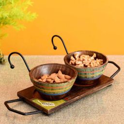 aakriti art creations Hook-ed Brown Mango Wood (Set of 3) Serving Bowl with Tray-picture-40
