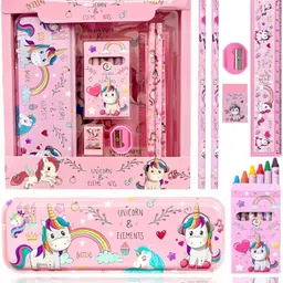 neel Unicorn Pencil Box Unicorn School Stationery Kit combo 8-IN-1 Gift Set 2 Pencils Unicorn Metal Pencil Box/Sharpener/Eraser/ Scale/Crayon Birthday Gift for Girls Art Plastic Pencil Box-picture-10