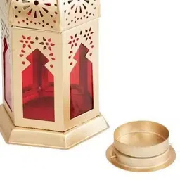 new ways enterprises Iron Decorative Moksha Hanging Lantern Tealight Candle Holder (Golden, Red) Gold Brass, Metal Hanging Lantern image 2