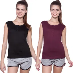 ap'pulse Pack of 2 Women Solid Henley Neck Pure Cotton Maroon, Black T-Shirt-picture-11