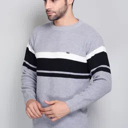 ewools Men Colorblock Round Neck Grey, Black Sweater image 3
